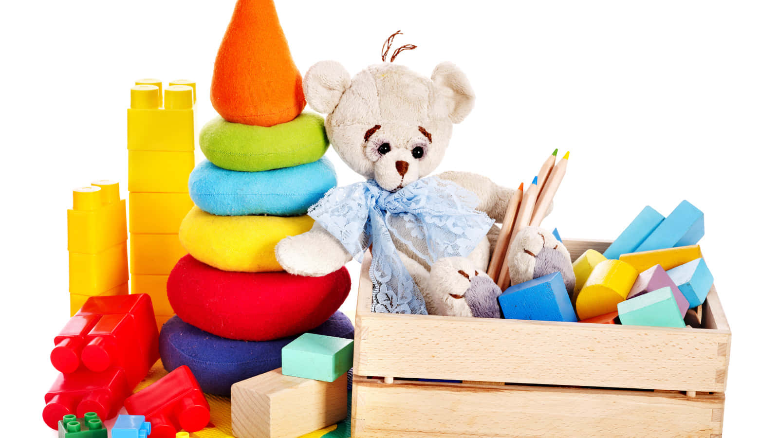 wooden crate, colorful building blocks, crayons, HD Desktop Wallpaper