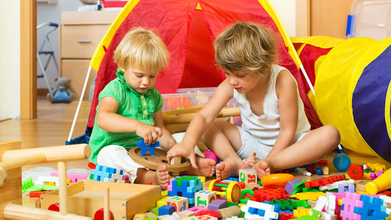 colorful building blocks, red yellow play tent, wooden floor, HD Desktop Wallpaper