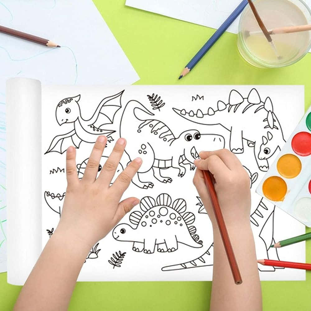 dinosaur-themed coloring book page, red pencil, bright green table, SD Desktop Wallpaper