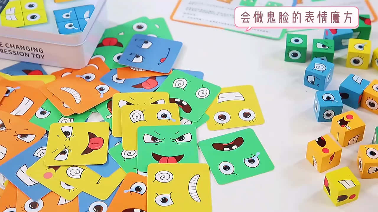 Colorful emoji-faced cards, cubes, white surface, HD Desktop Wallpaper