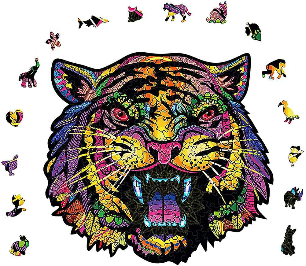 tiger head puzzle, colorful geometric patterns, small animal puzzle pieces, SD Desktop Wallpaper