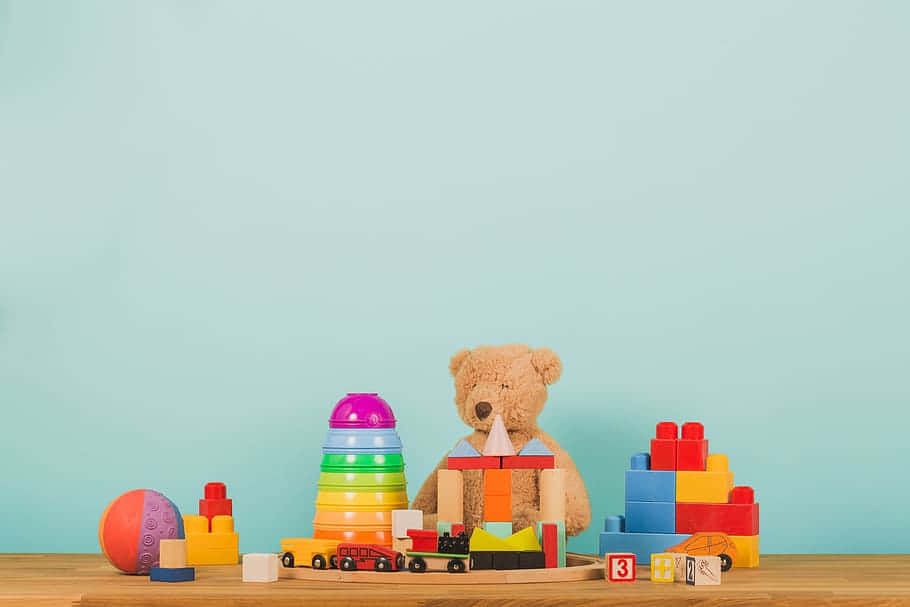 plush teddy bear, colorful toy blocks, train, SD Desktop Wallpaper