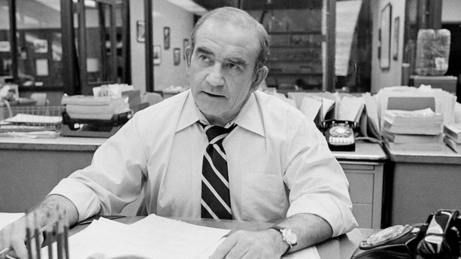 Edward Asner, striped tie, cluttered office desk, Full HD Desktop Wallpaper