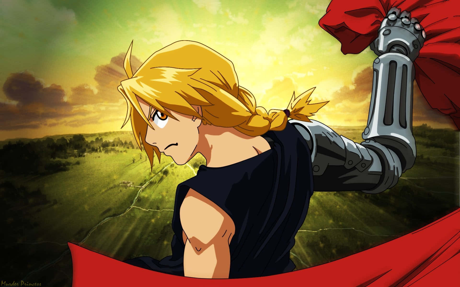 Edward Elric, golden hair, mechanical arm, Full HD Desktop Wallpaper