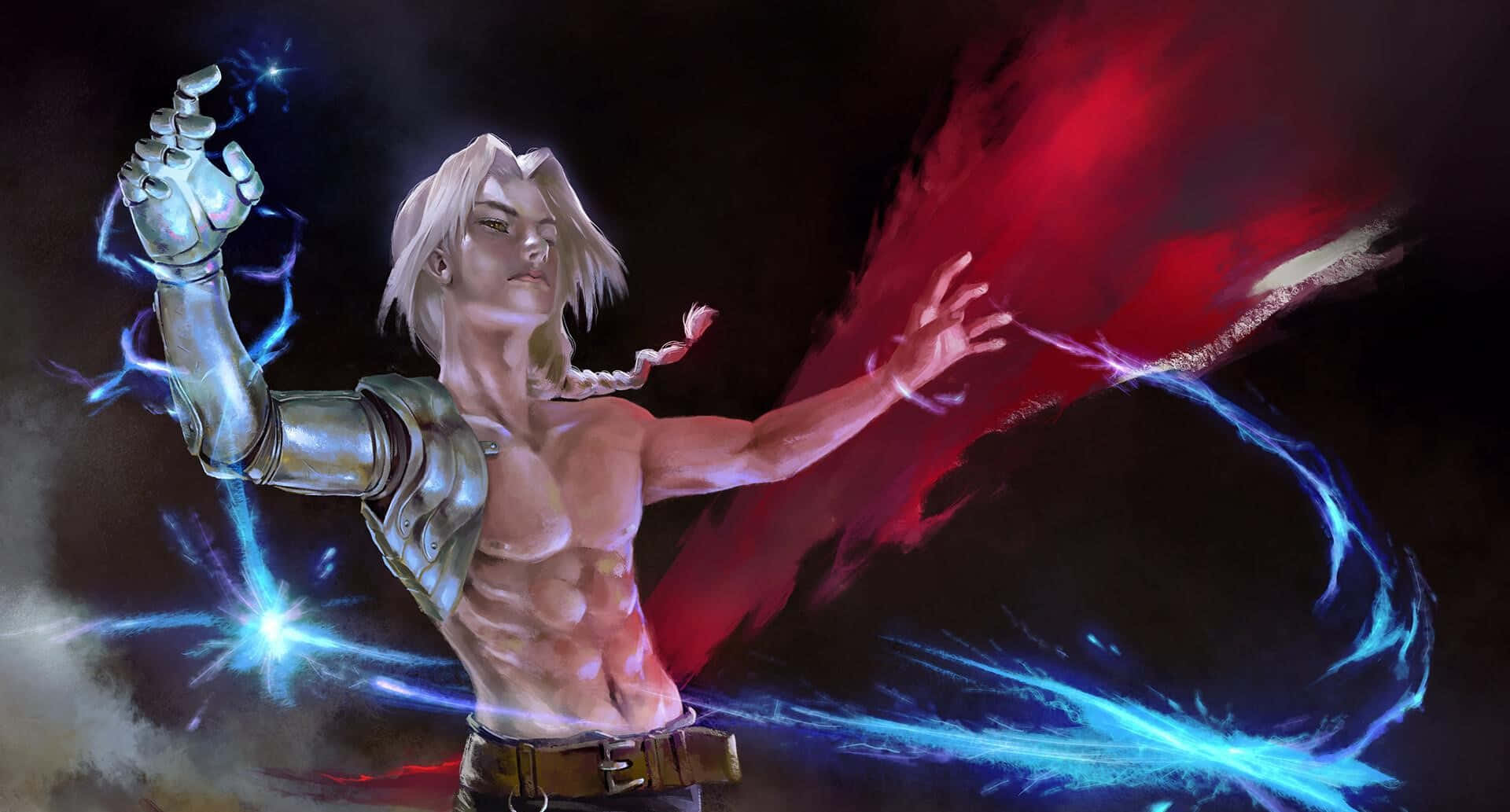 Edward Elric, silver hair, blue and red energy, Full HD Desktop Wallpaper