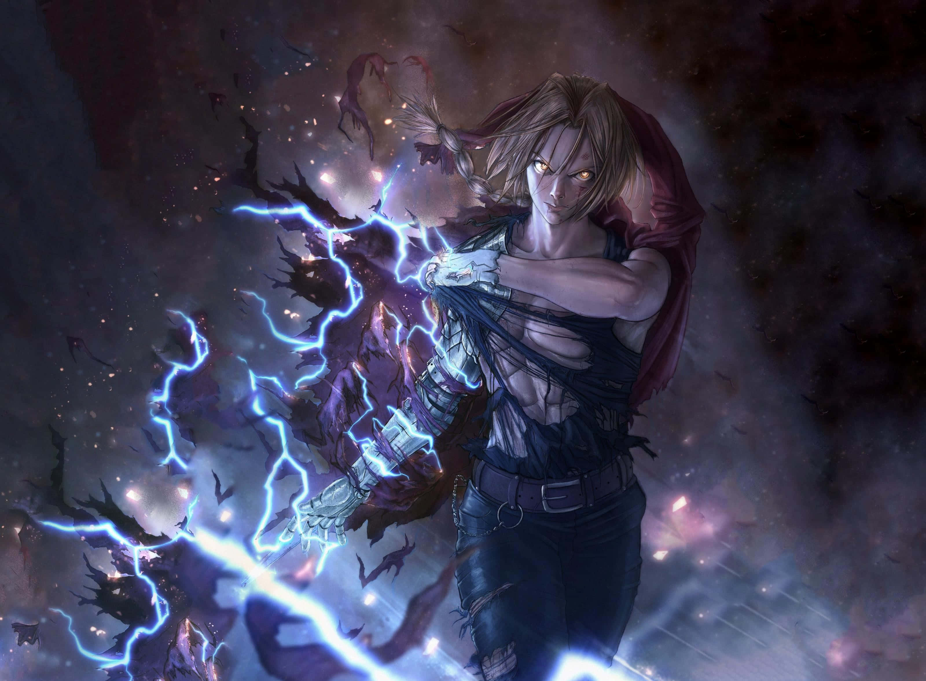Edward Elric, alchemy transmutation circles, crackling blue lightning, 2K Desktop Wallpaper