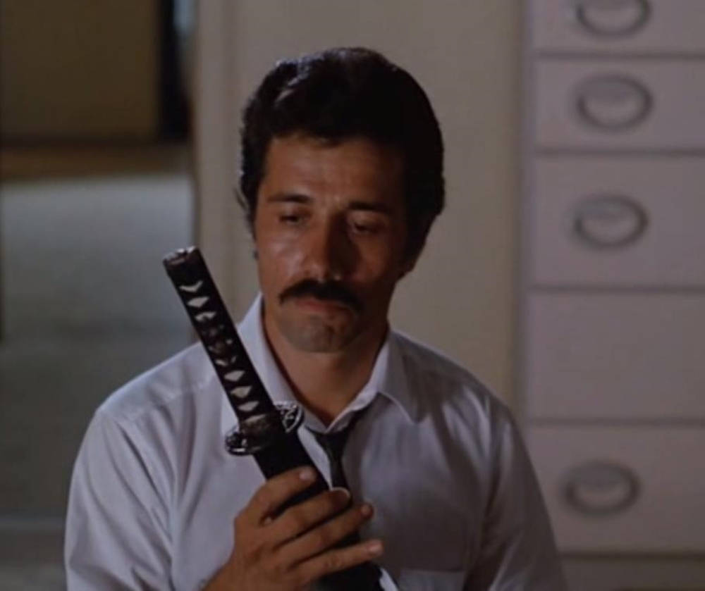 Edward James Olmos, katana, dimly lit office, SD Desktop Wallpaper