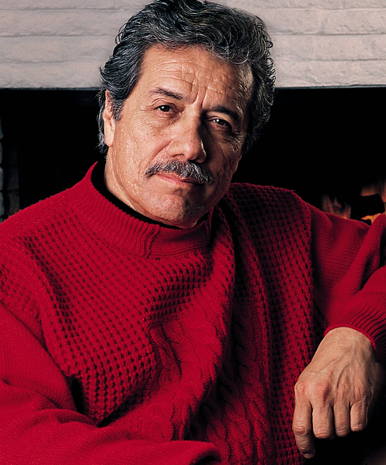 Edward James Olmos, red sweater, fireplace, HD Phone Wallpaper