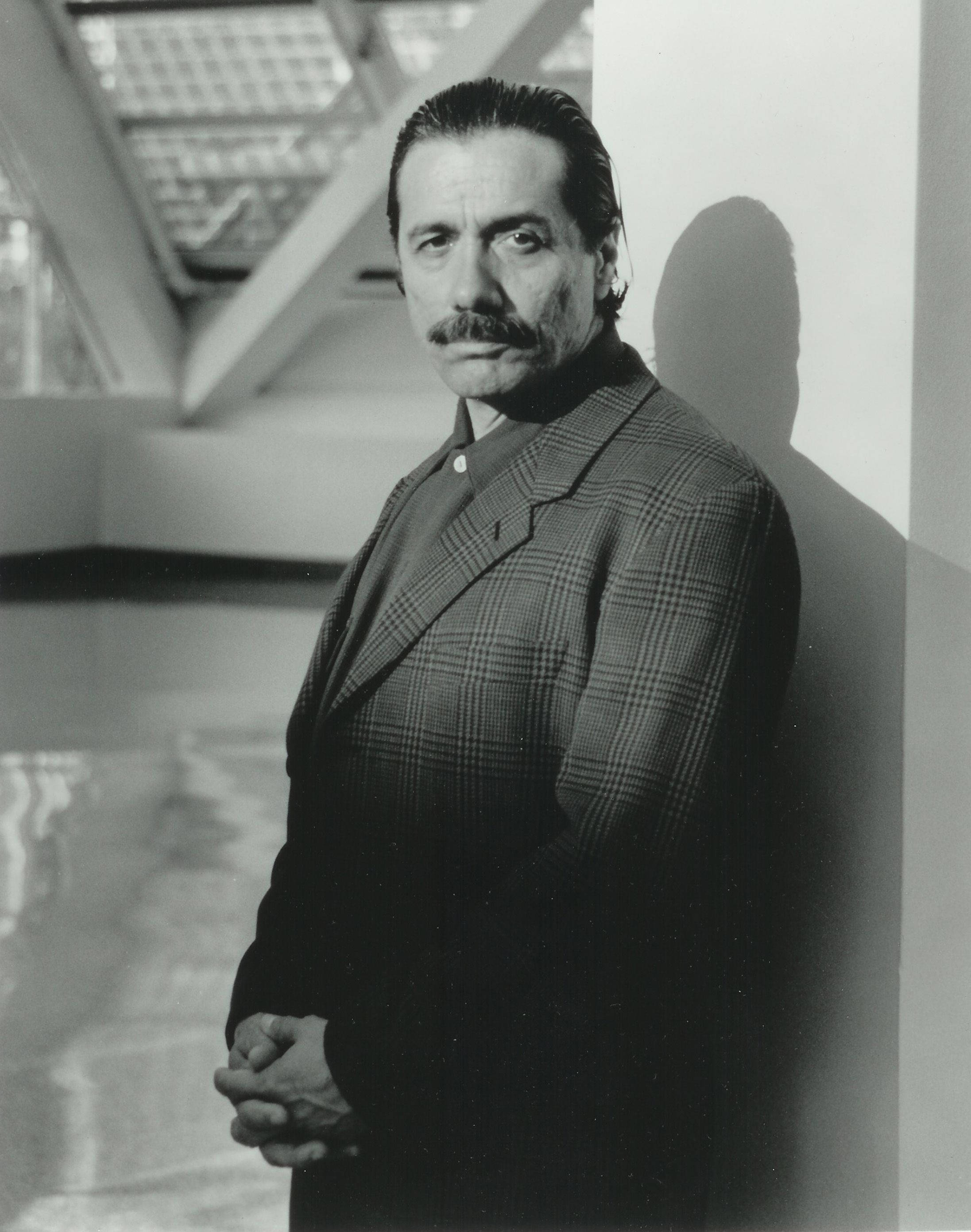 Edward James Olmos, plaid suit, modern architectural space, 2K Phone Wallpaper