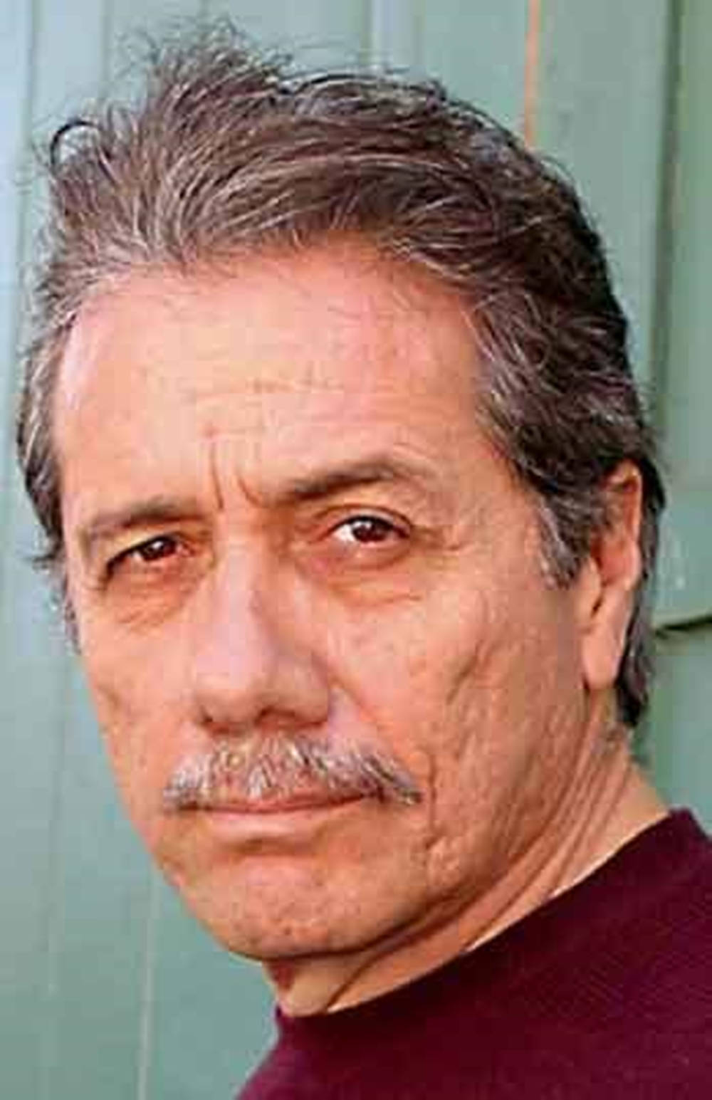 Edward James Olmos, maroon turtleneck, green wooden wall, HD Phone Wallpaper