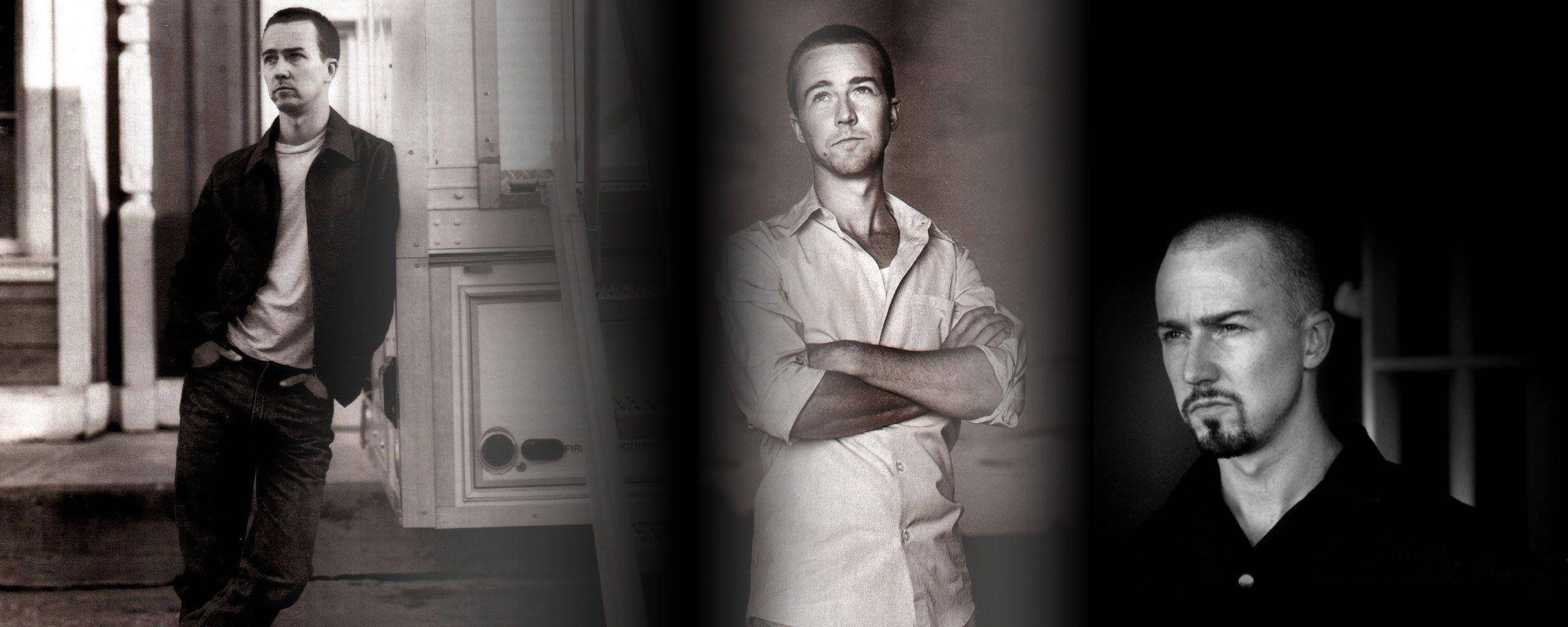 Edward Norton, black and white portraits, street, 2K Desktop Wallpaper