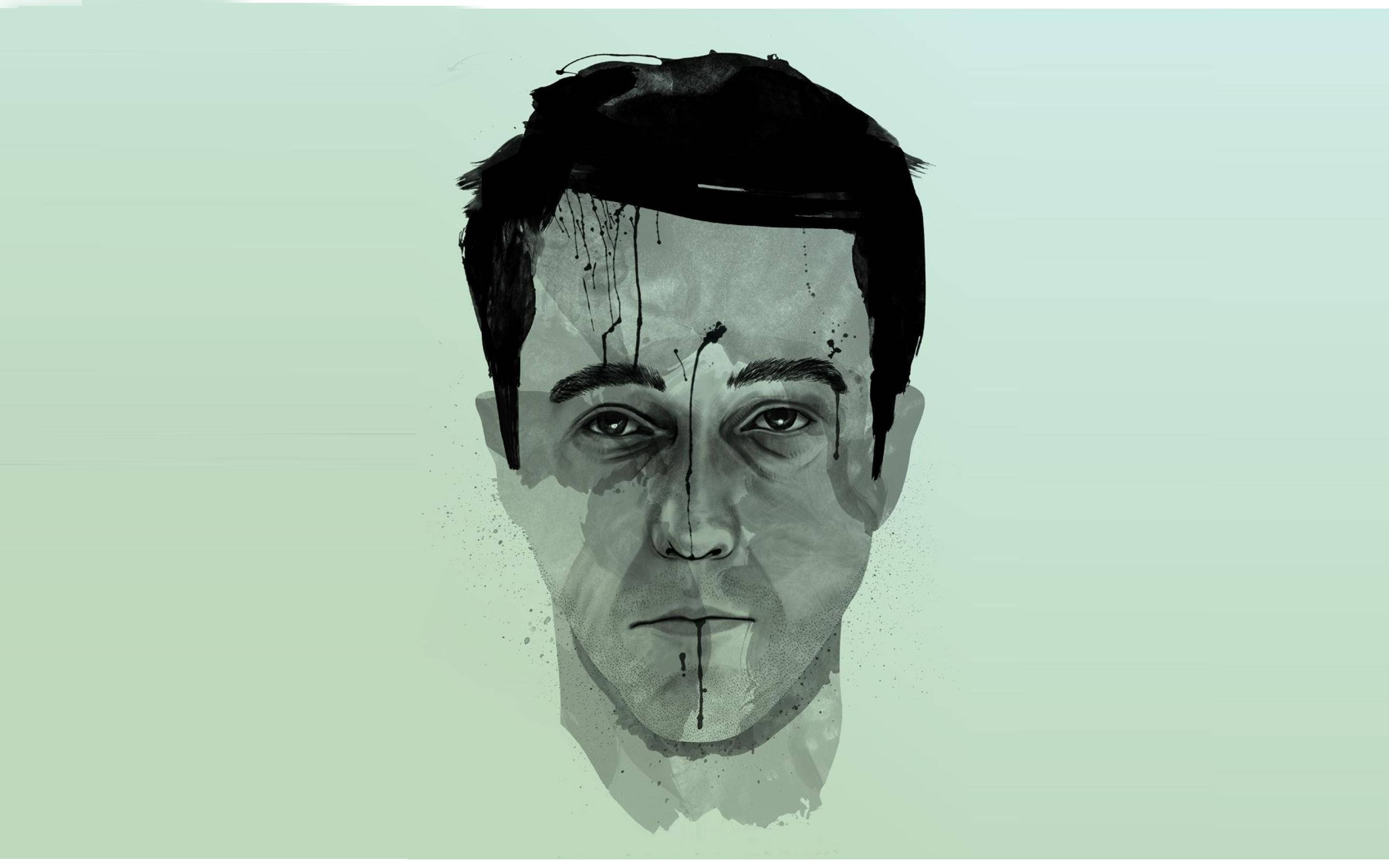 Edward Norton, watercolor portrait, black ink drips, 2K Desktop Wallpaper