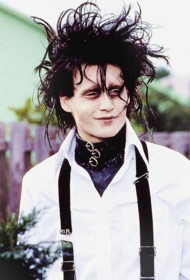 Edward Scissorhands, wild black hair, pale makeup, SD Phone Wallpaper