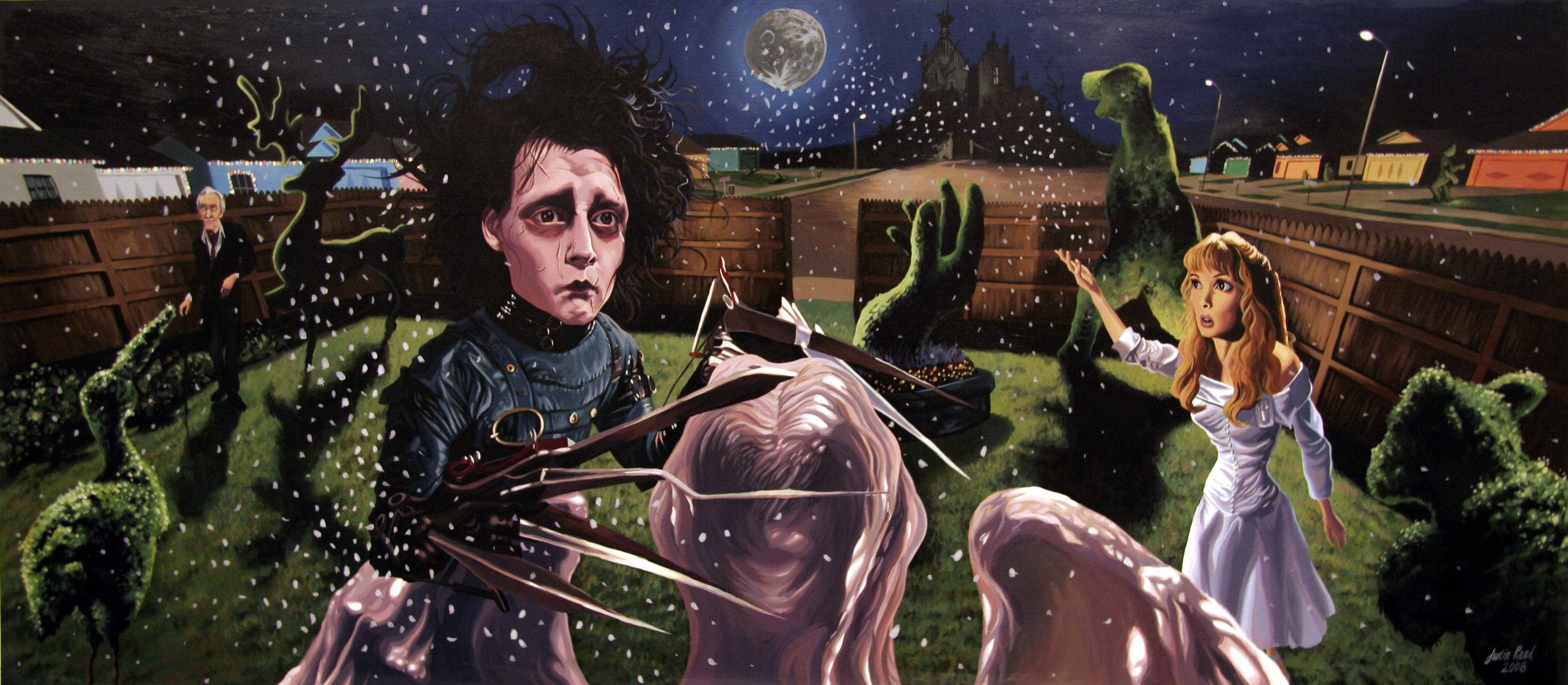 Edward Scissorhands, snowy yard, girl in a white dress, 2K Desktop Wallpaper