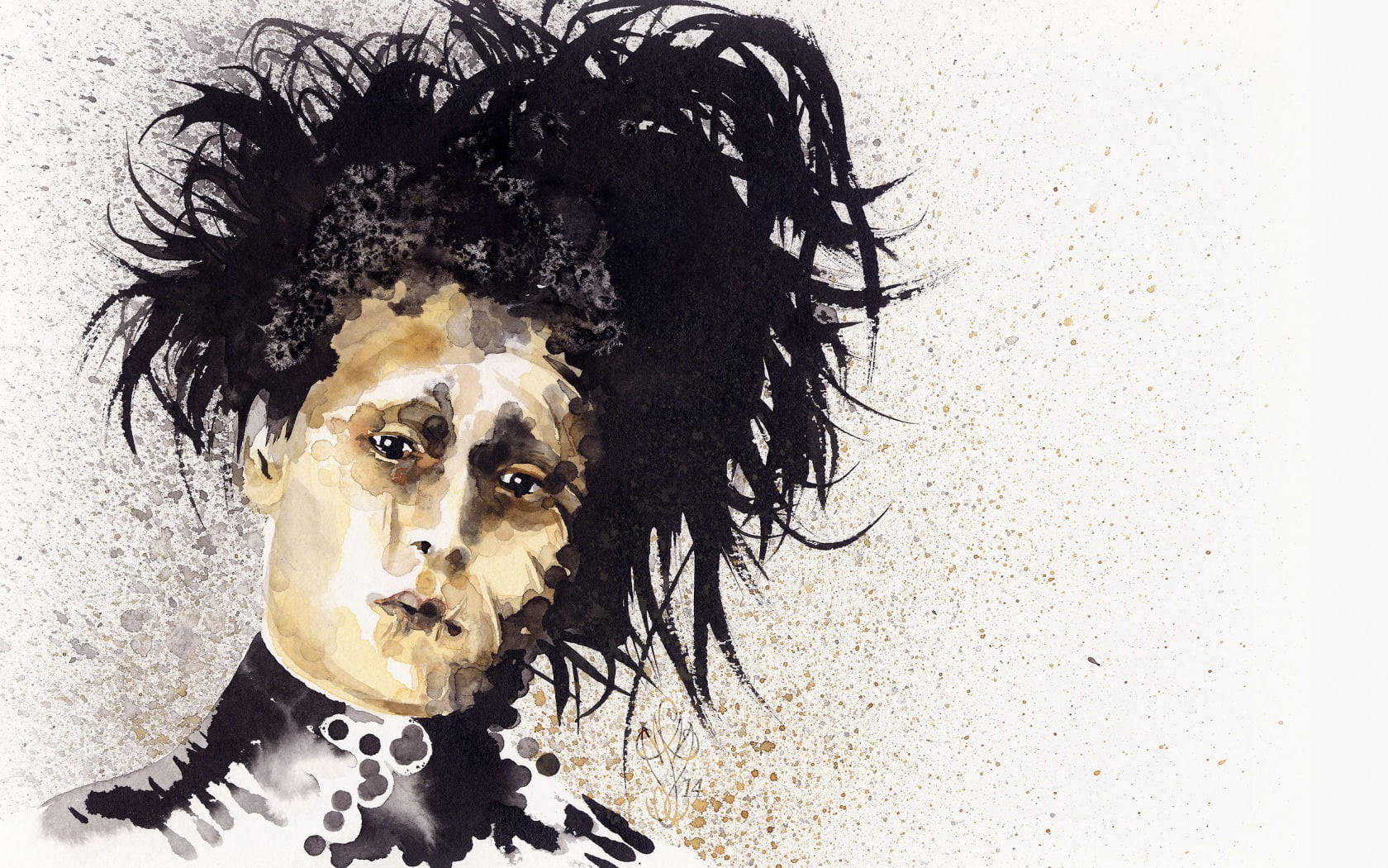 Edward Scissorhands, watercolor portrait, wild black hair, HD Desktop Wallpaper