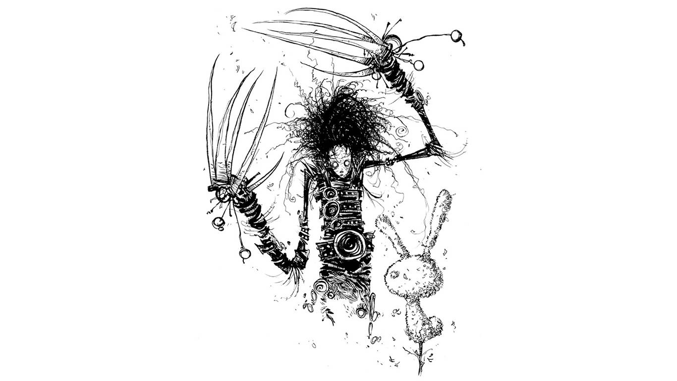 Edward Scissorhands, surreal black and white ink drawing, mechanical creature, HD Desktop Wallpaper