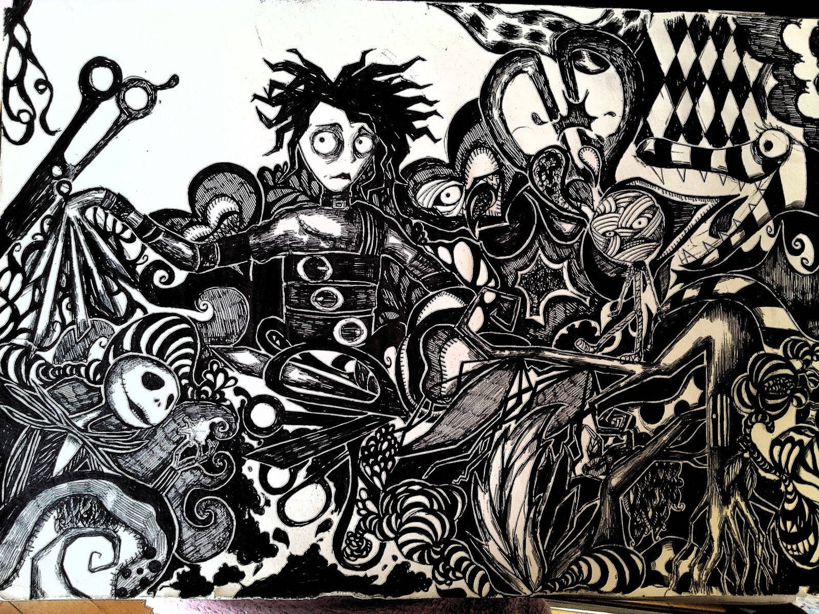 Edward Scissorhands, black and white ink drawing, surreal, HD Desktop Wallpaper