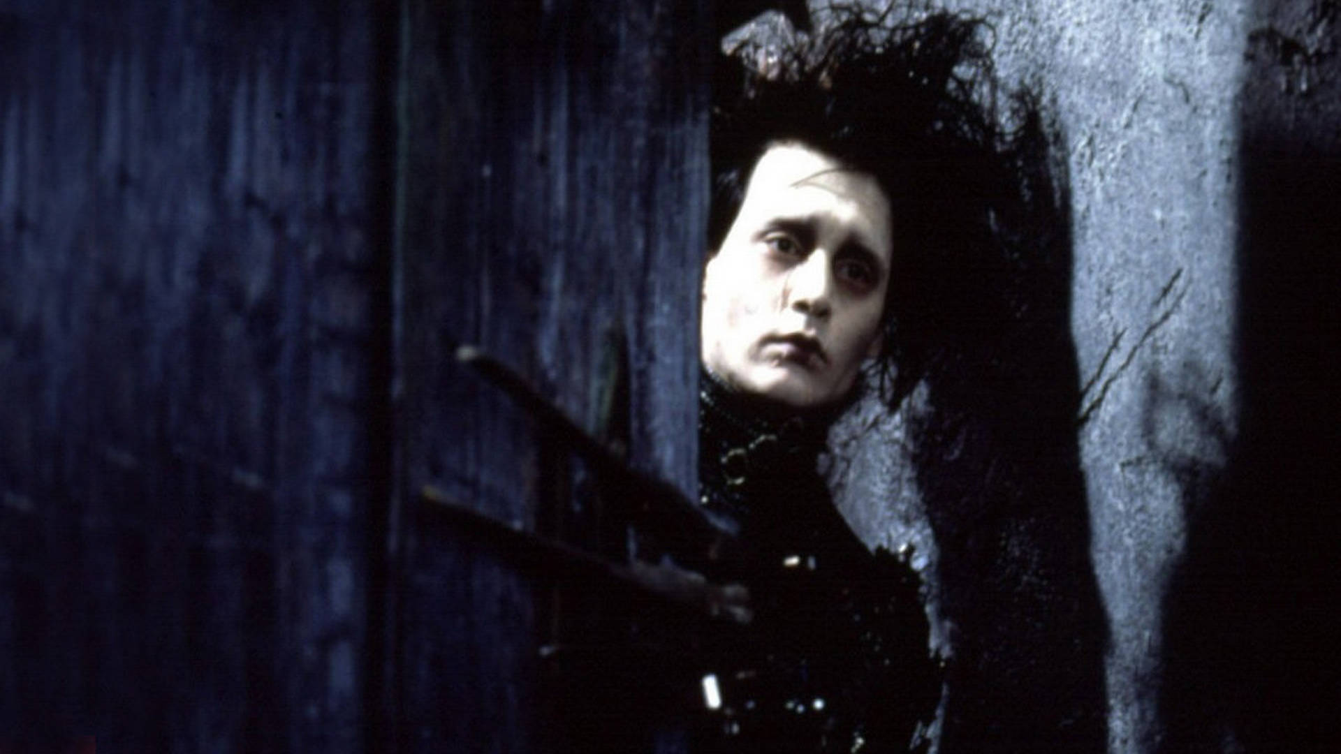 Edward Scissorhands, wild black hair, narrow wooden doorway, Full HD Desktop Wallpaper