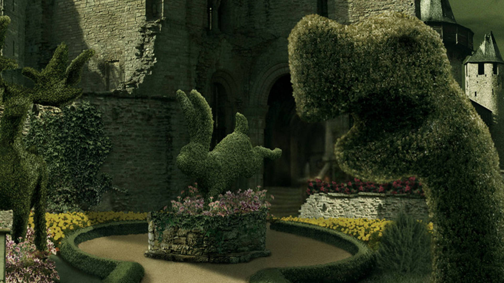 Edward Scissorhands, stone castle courtyard, topiary dinosaurs, Full HD Desktop Wallpaper