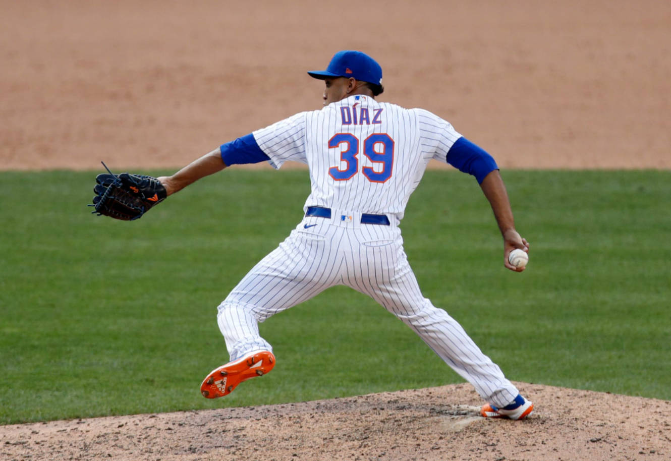Edwin Diaz, white pinstripe uniform, blue accents, HD Desktop Wallpaper