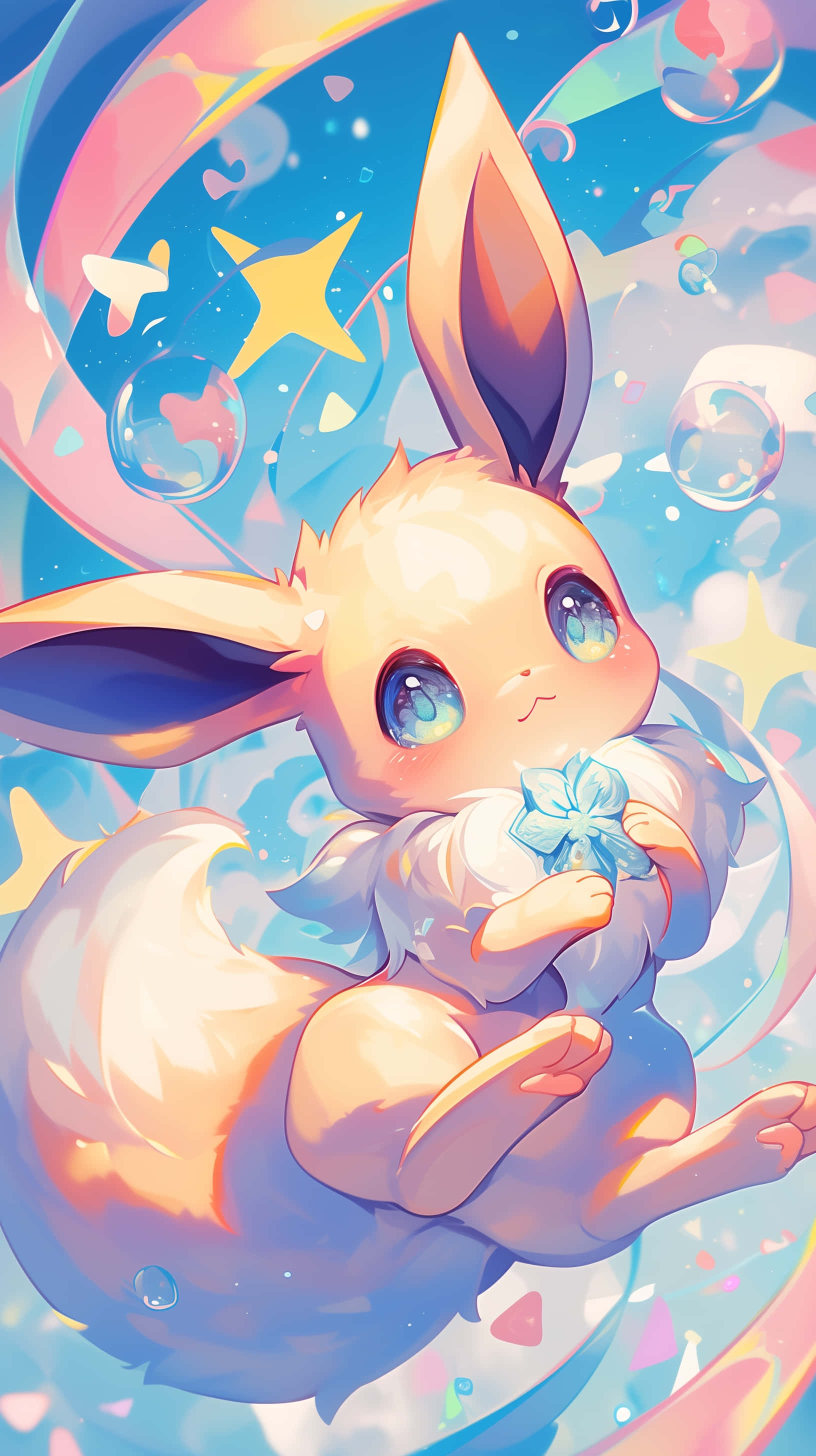 Eevee, blue flower, anime-style, 2K Phone Wallpaper
