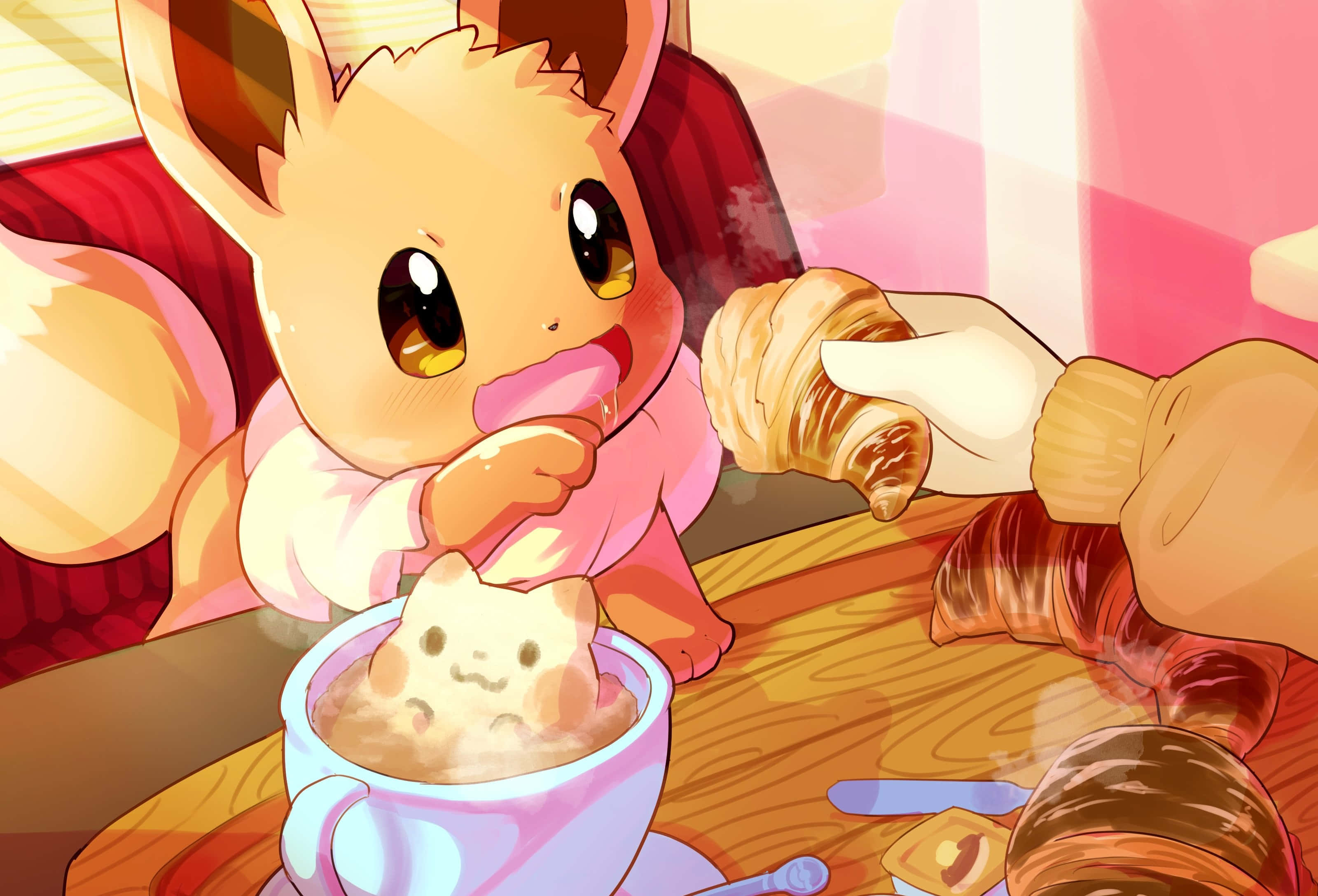 Eevee, pink sweater, hot cocoa, 2K Desktop Wallpaper