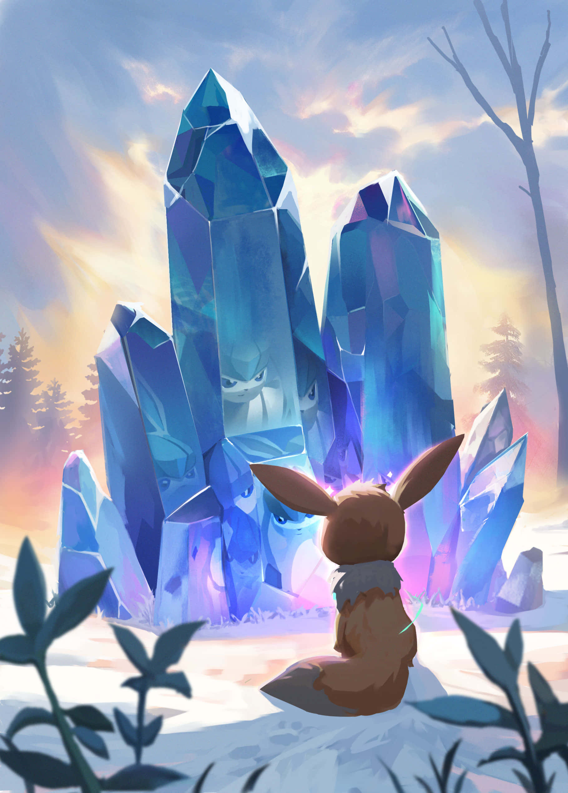 Eevee, crystal golems, glowing blue crystals, Full HD Phone Wallpaper