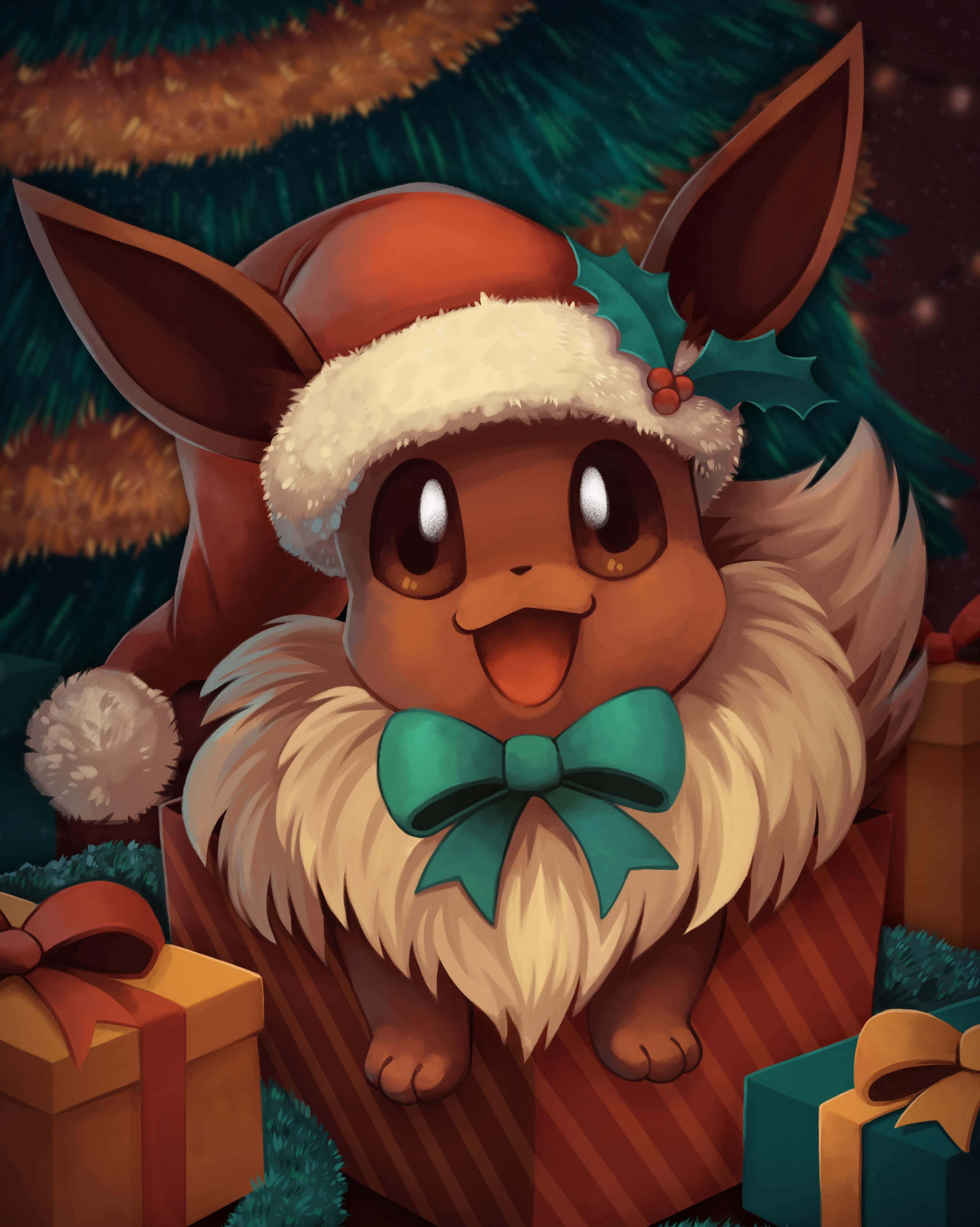 Eevee, Santa hat, green bow, 4K Phone Wallpaper