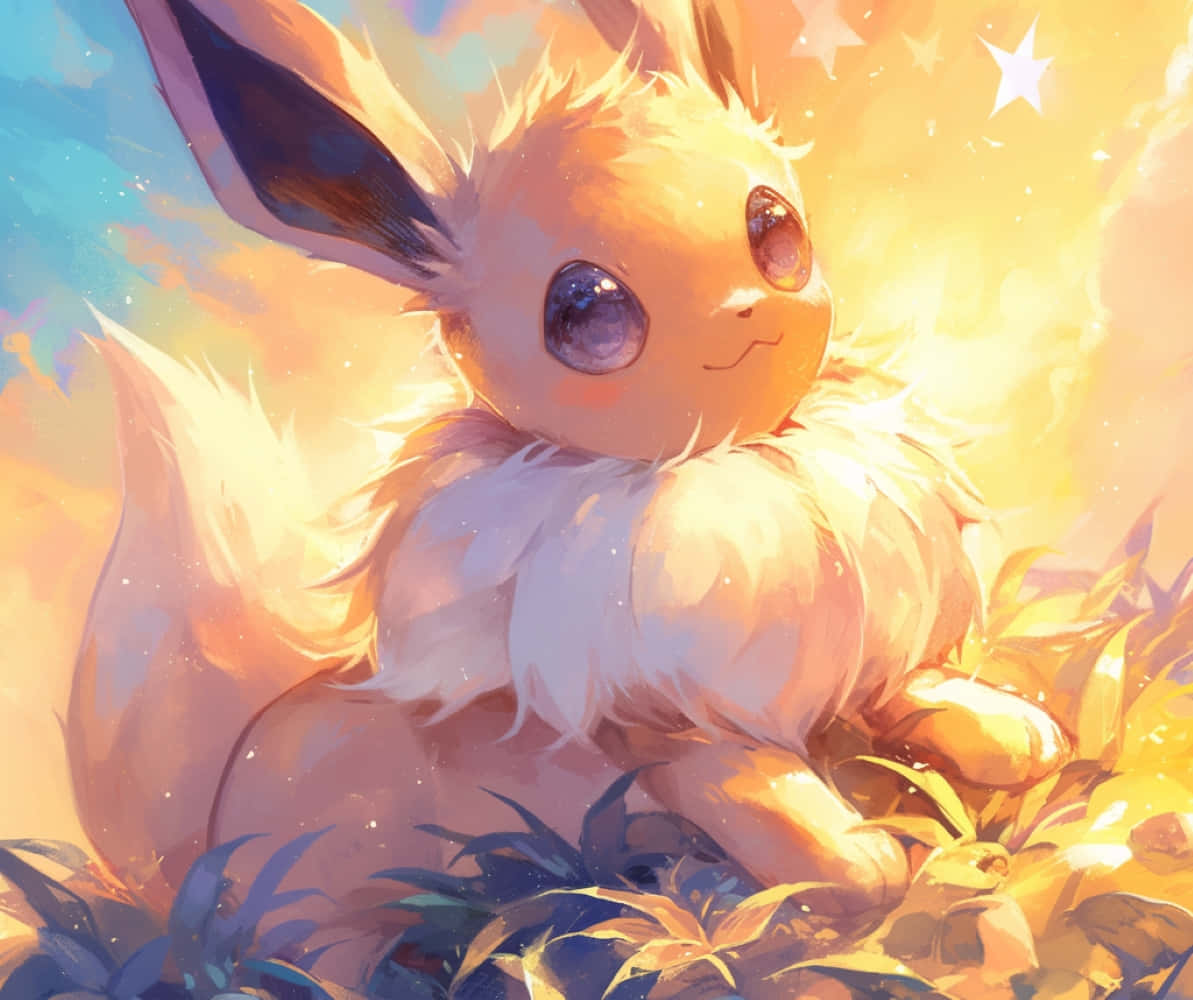 Eevee, golden grass, warm sunset sky, SD Desktop Wallpaper