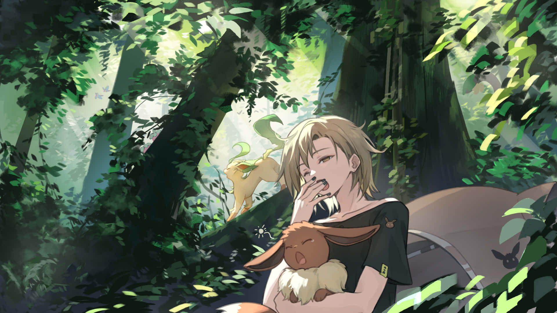 Eevee, young anime girl, sleeping fox-like creature, Full HD Desktop Wallpaper