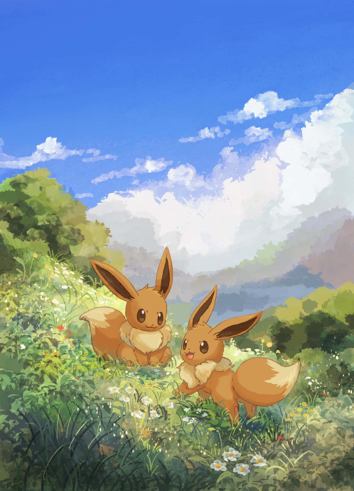 Eevee, sunny meadow, wildflowers, Full HD Phone Wallpaper