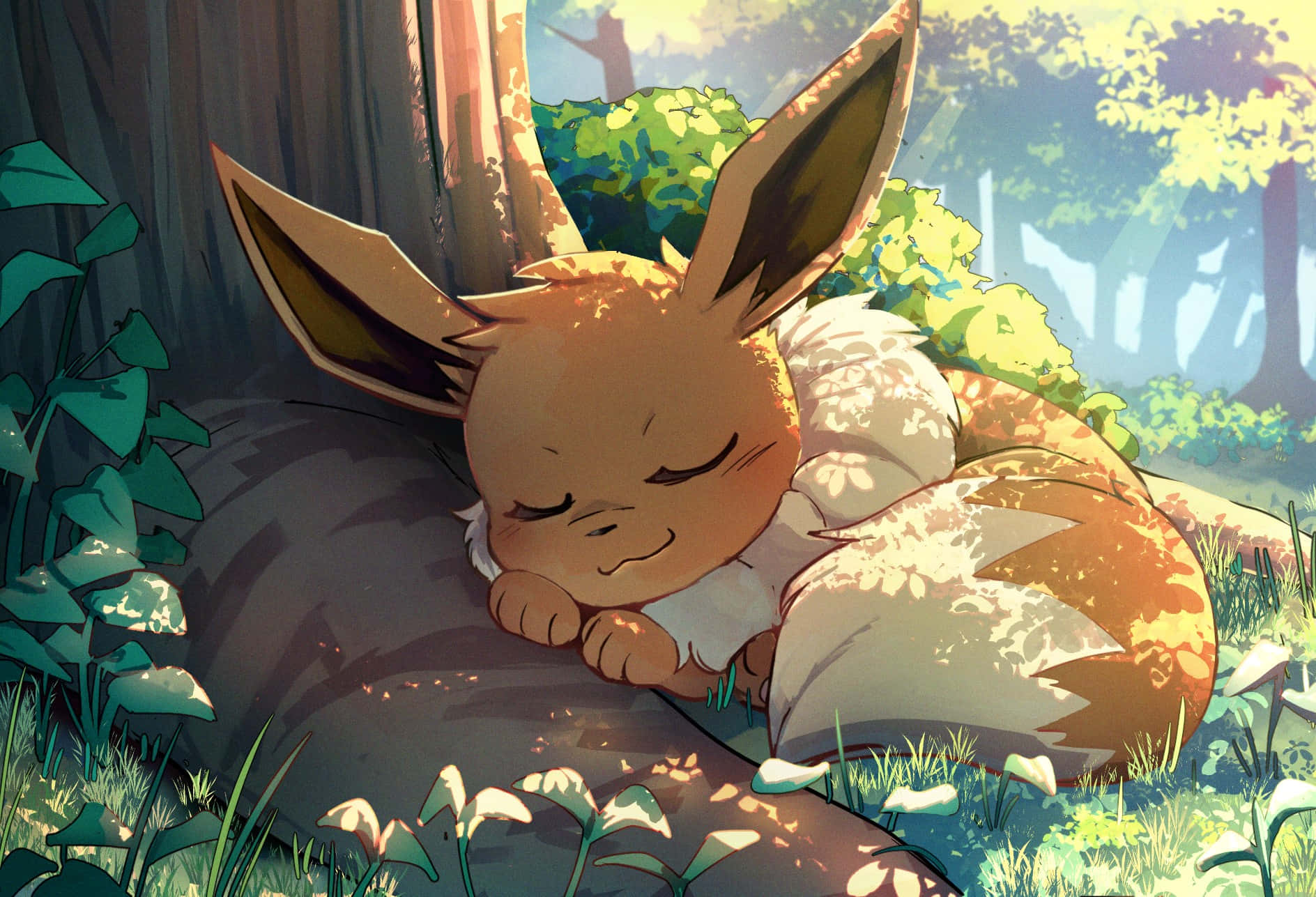 Eevee, forest, mossy log, HD Desktop Wallpaper