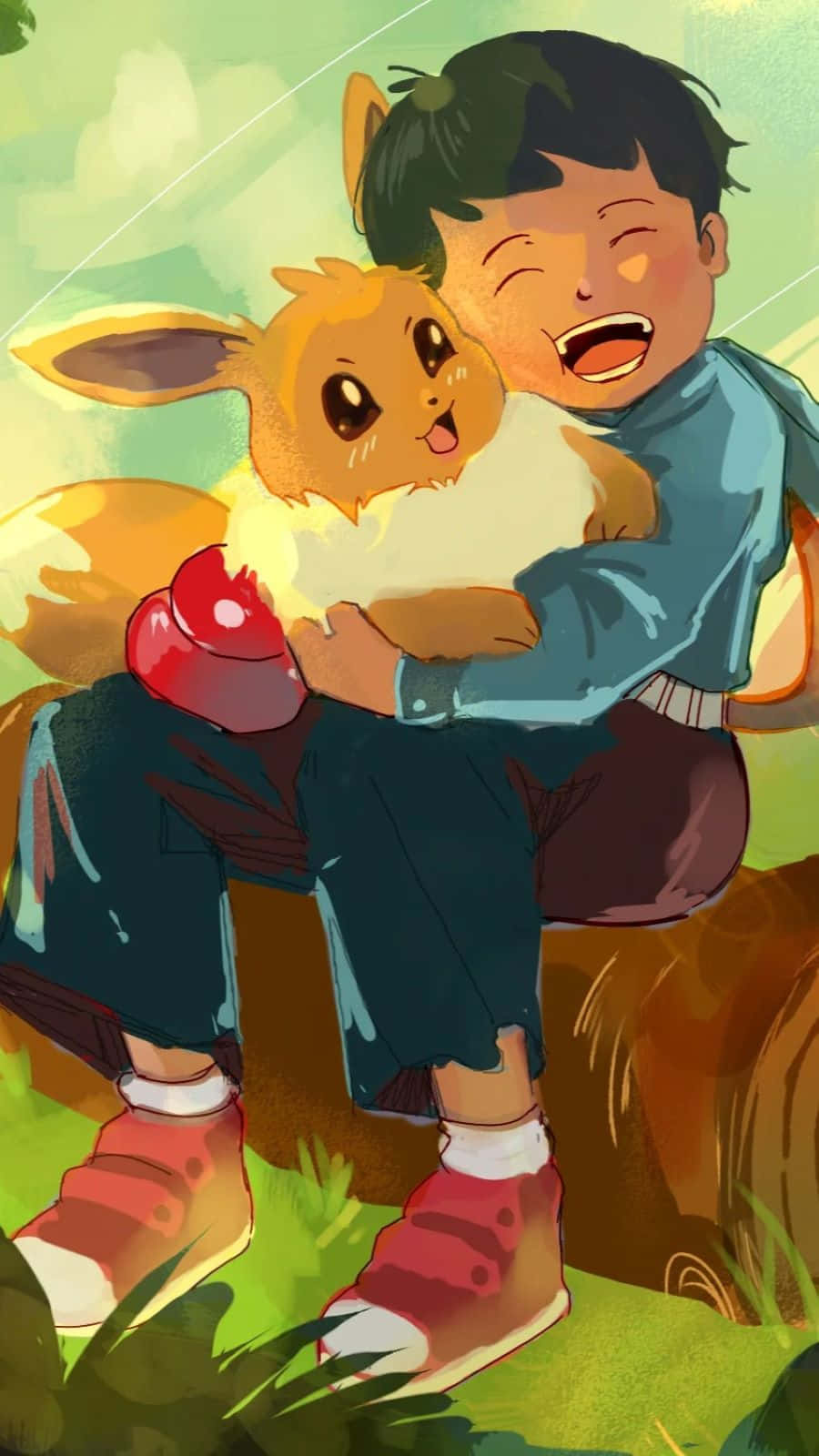 Eevee, joyful boy, soft green sky, HD Phone Wallpaper