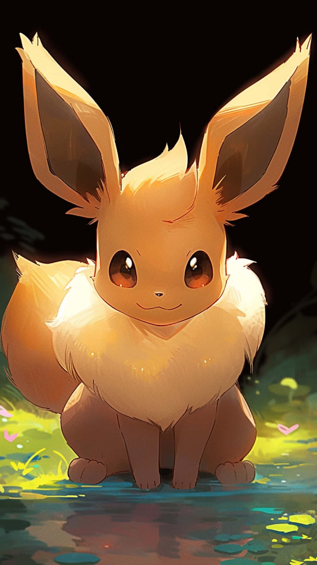 Eevee, glowing, moonlit pond, Full HD Phone Wallpaper