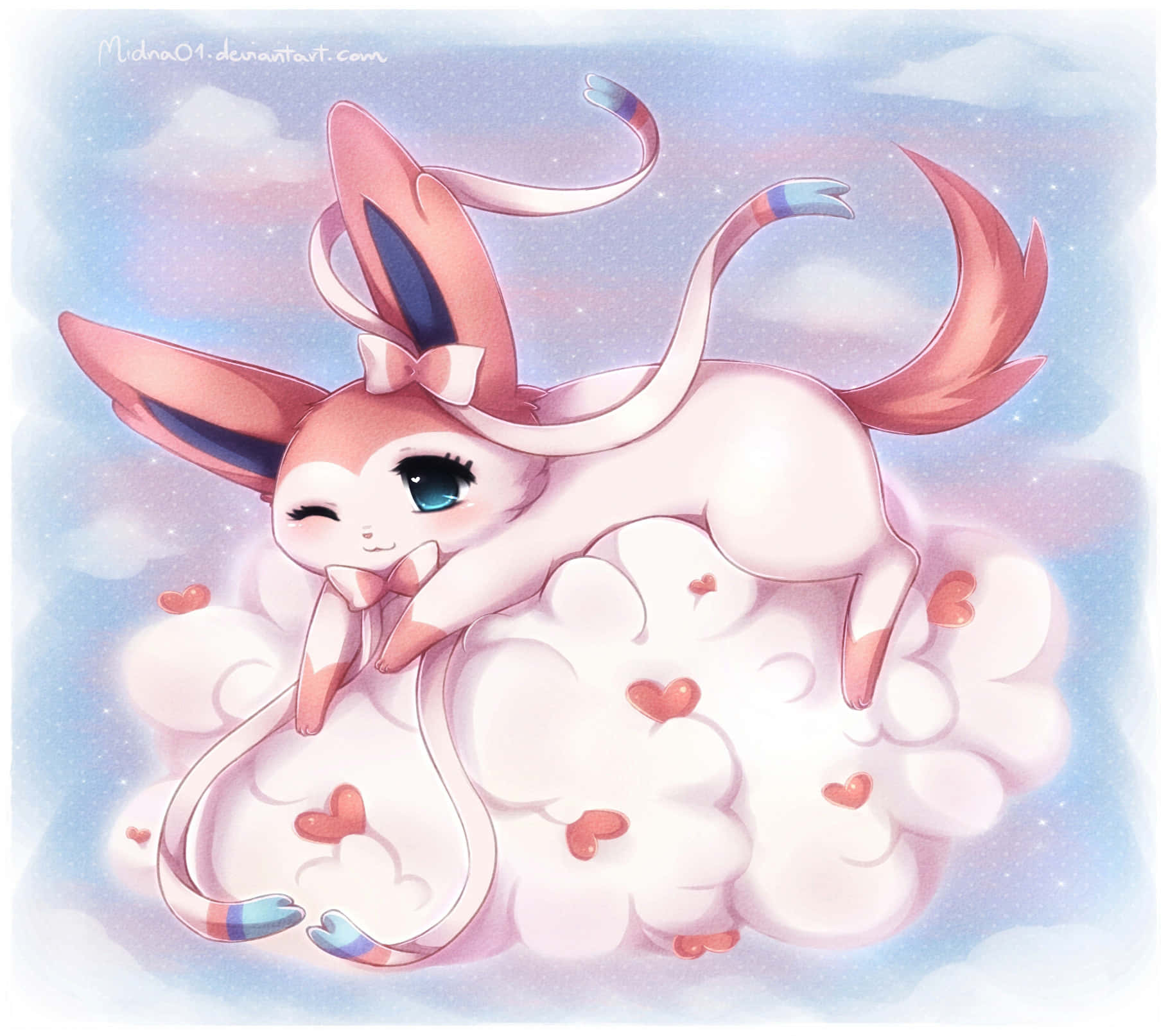 Eevee Evolutions, pink anime-style bunny, bow, HD Desktop Wallpaper