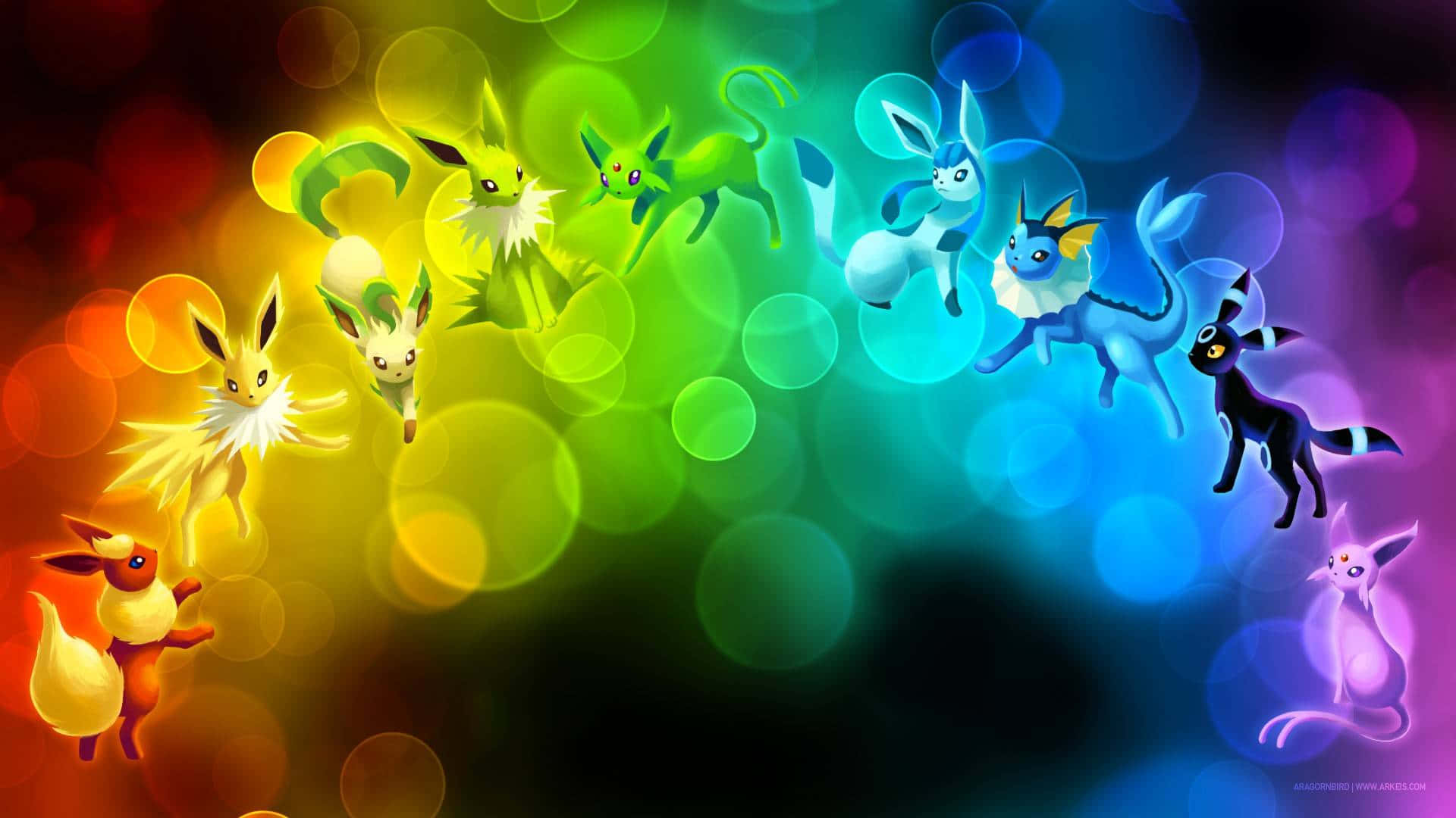 Eevee Evolutions, rainbow gradient, seven Eeveelution forms, Full HD Desktop Wallpaper