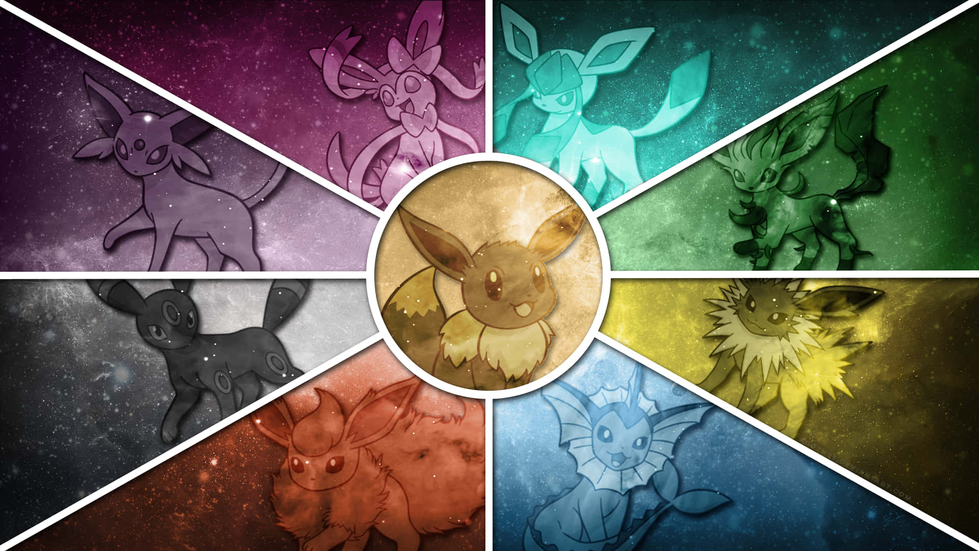 Eevee, Eevee Evolutions, cosmic backgrounds, Full HD Desktop Wallpaper