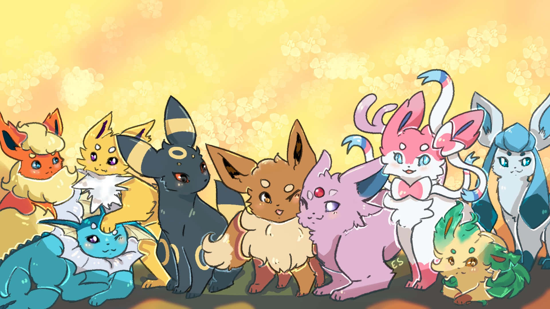 Eevee Evolutions, bys.com, golden background, Full HD Desktop Wallpaper
