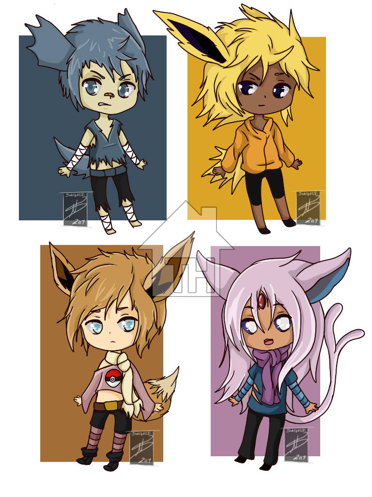 Eevee Evolutions, chibi anime characters, animal ears, SD Phone Wallpaper