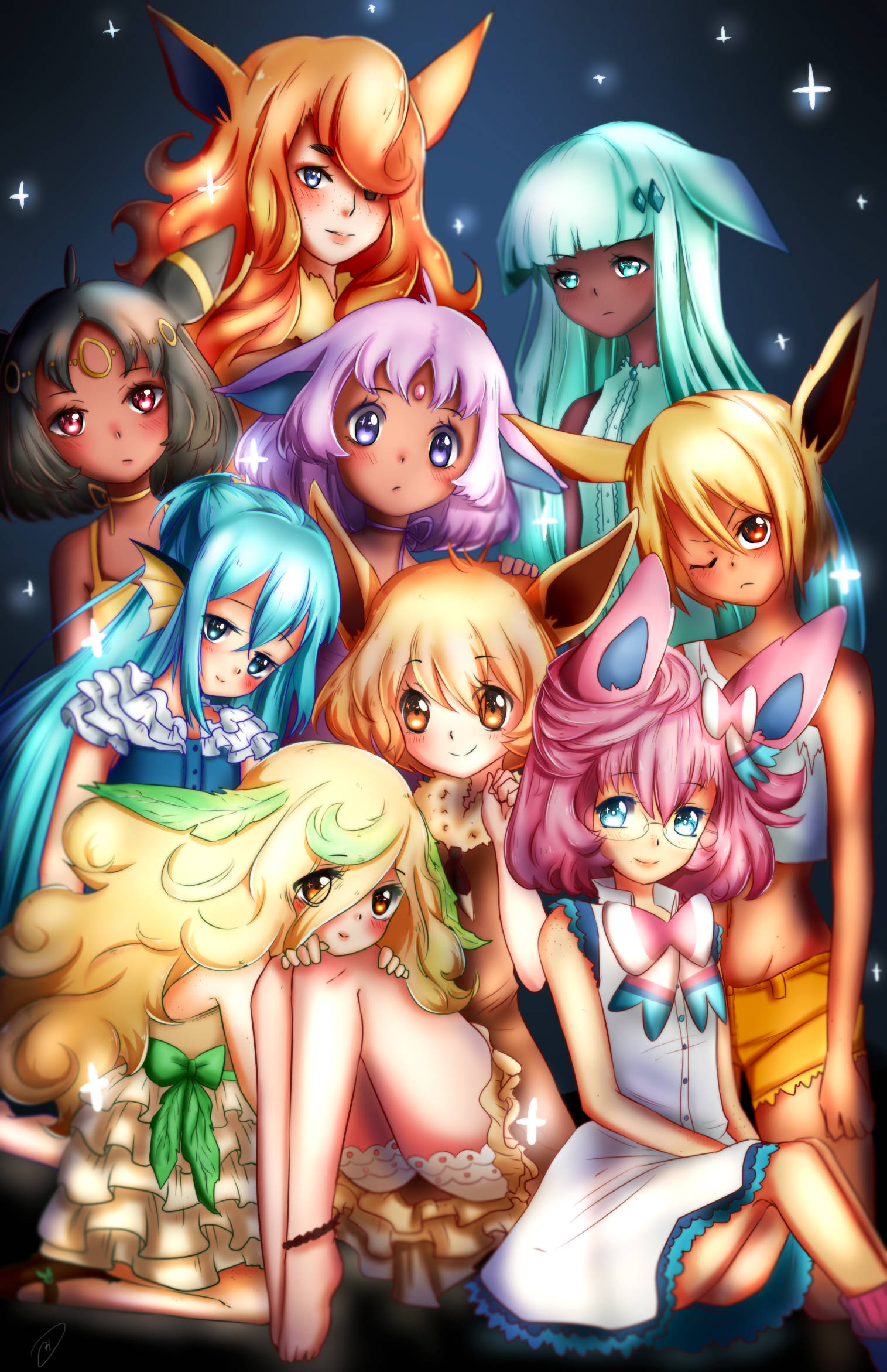 Eevee Evolutions, anime girls, animal ears, Full HD Phone Wallpaper