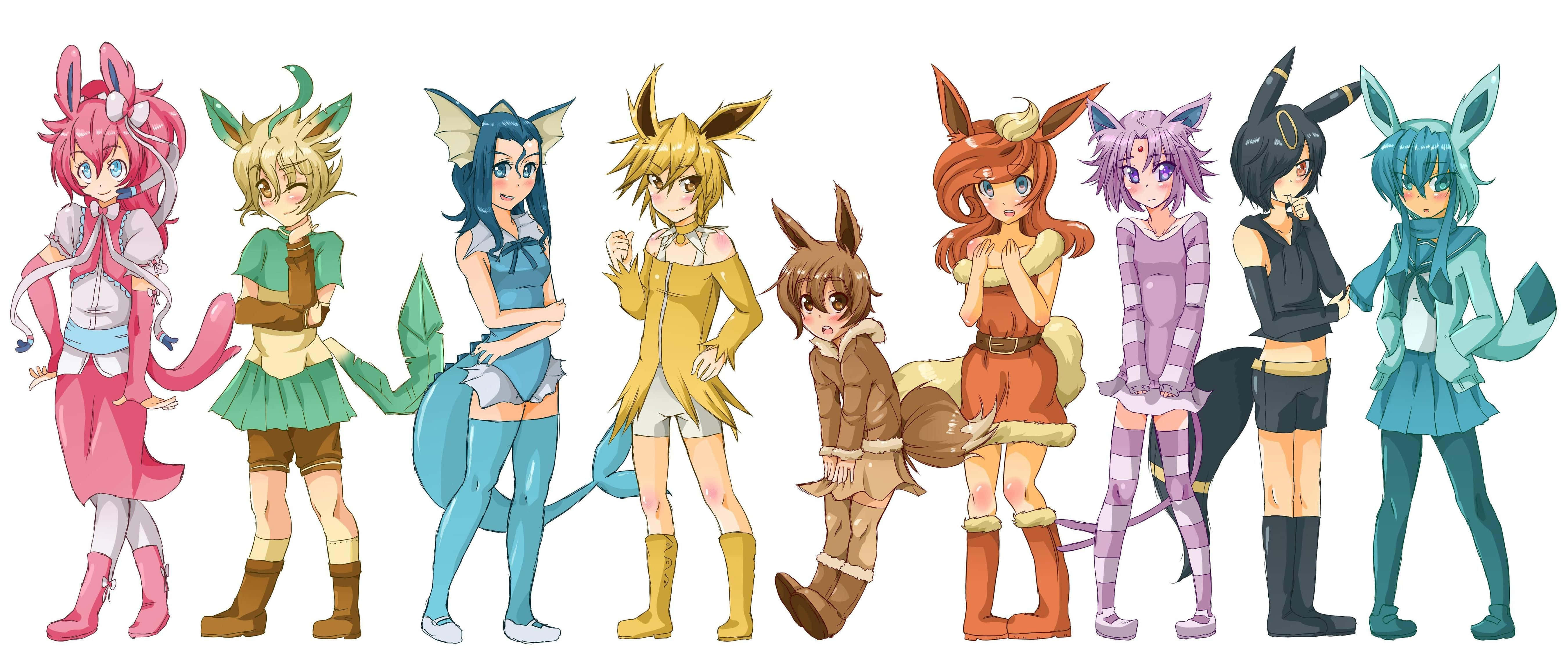 Eevee Evolutions, anime-style anthropomorphic characters, animal ears, 5K Desktop Wallpaper