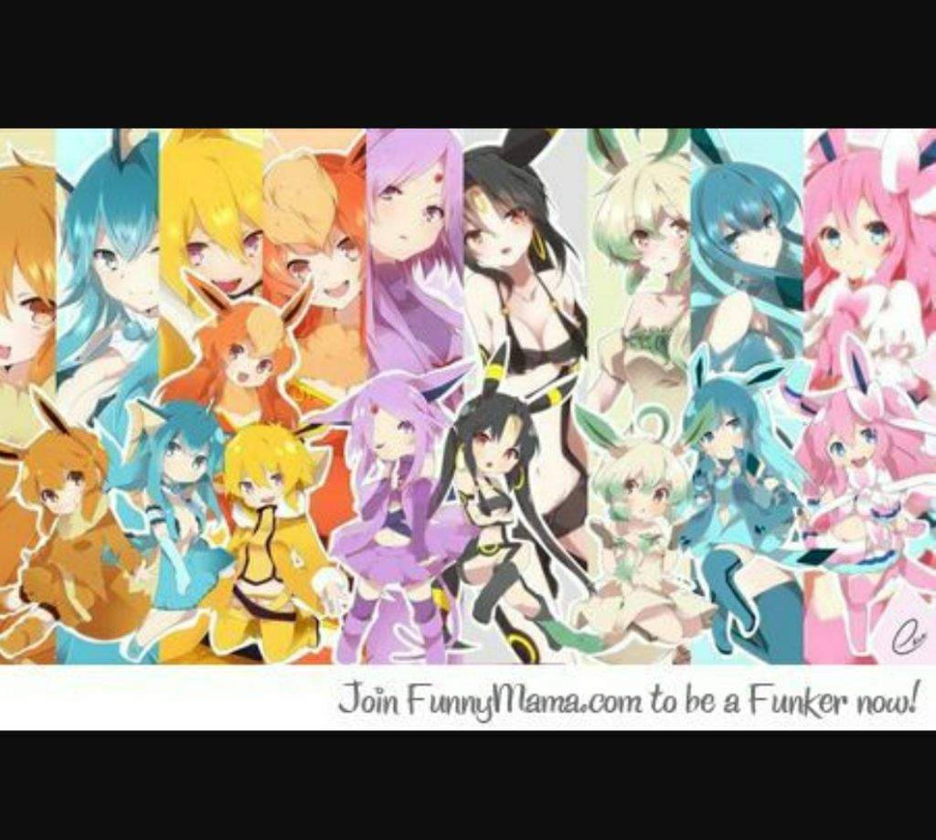 Eevee Evolutions, anime characters, colorful hair, SD Desktop Wallpaper