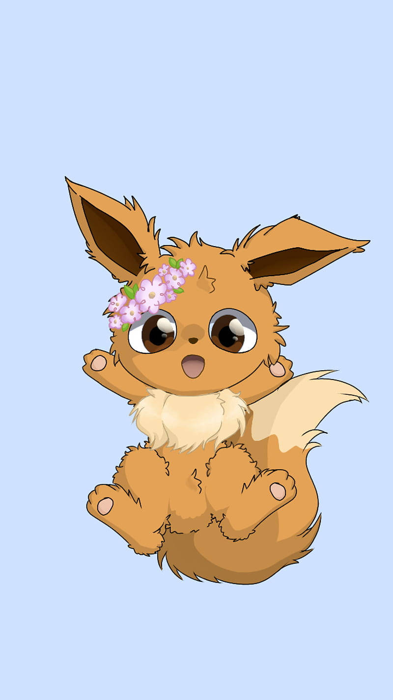Eevee, pink flower crown, soft blue background, HD Phone Wallpaper