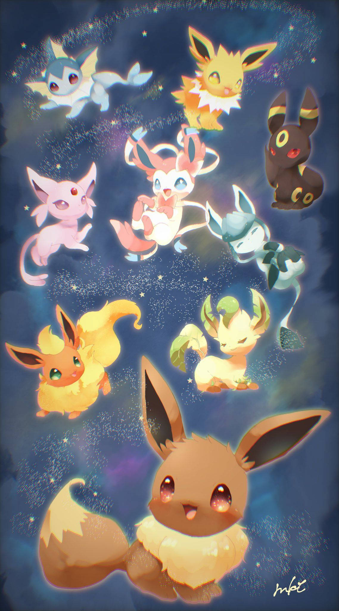 Eevee, colorful evolutionary forms, cosmic night sky, Full HD Phone Wallpaper