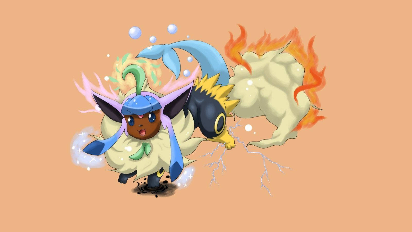 Eevee, blue and yellow fur, fiery and icy energy effects, HD Desktop Wallpaper