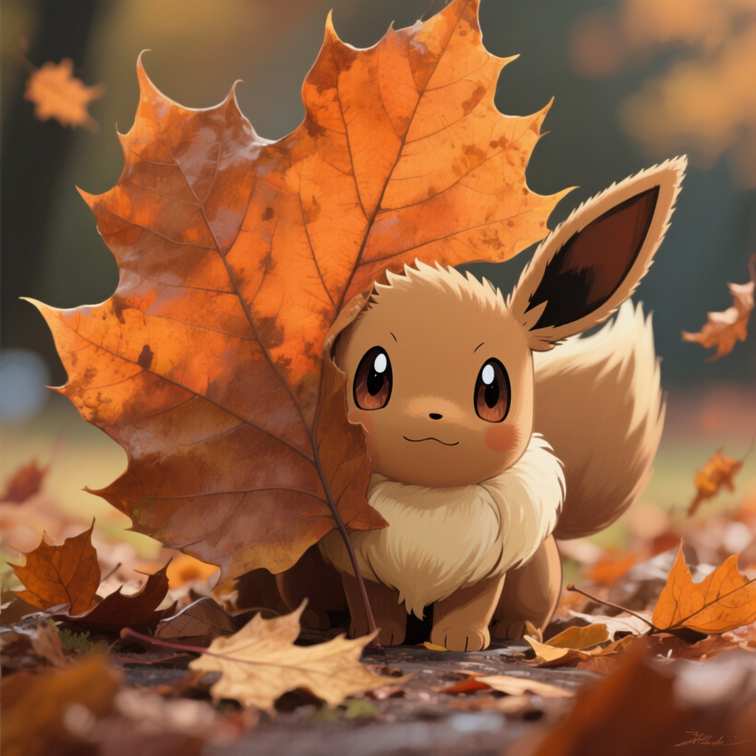 Eevee, orange maple leaf, autumn foliage, HD Desktop Wallpaper