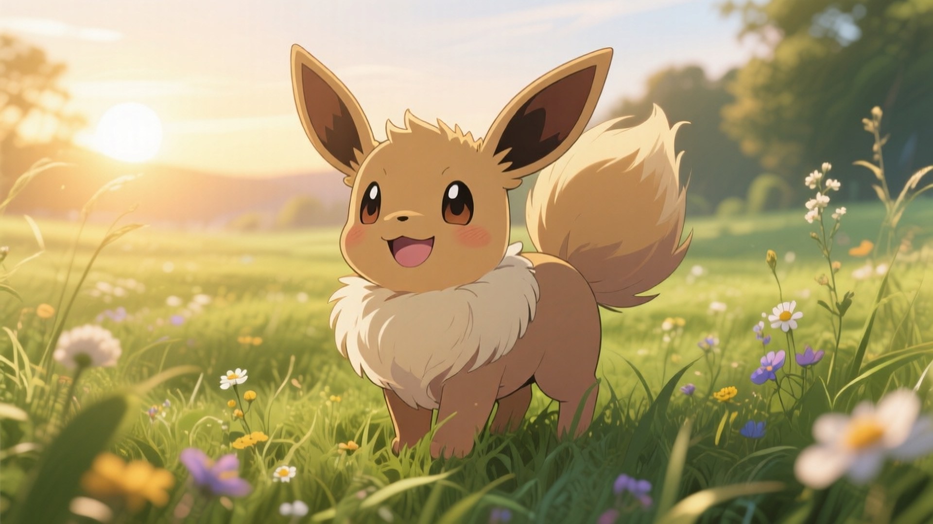 Eevee, morning meadow, sunlit meadow, Full HD Desktop Wallpaper