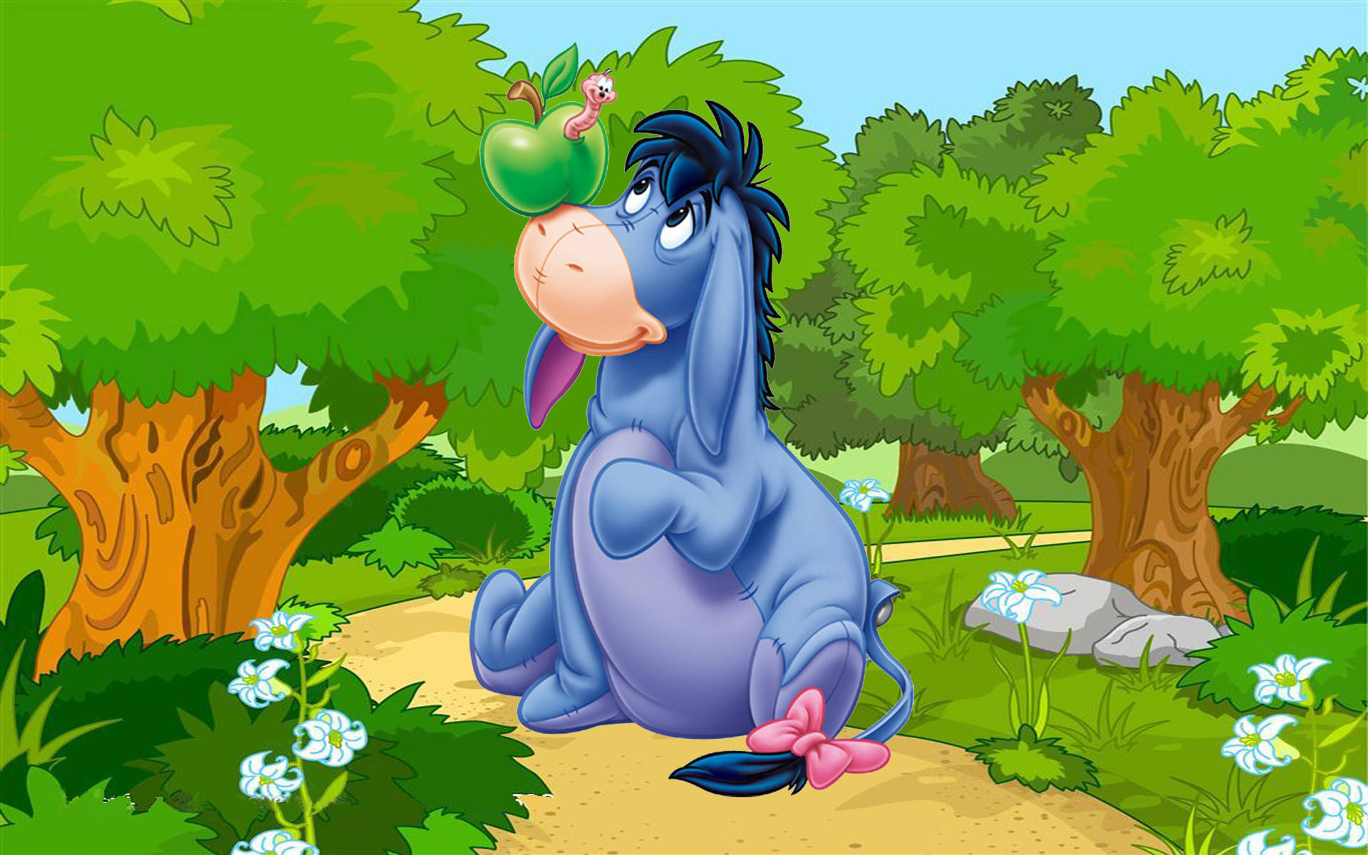 Eeyore, blue donkey, green apple, Full HD Desktop Wallpaper