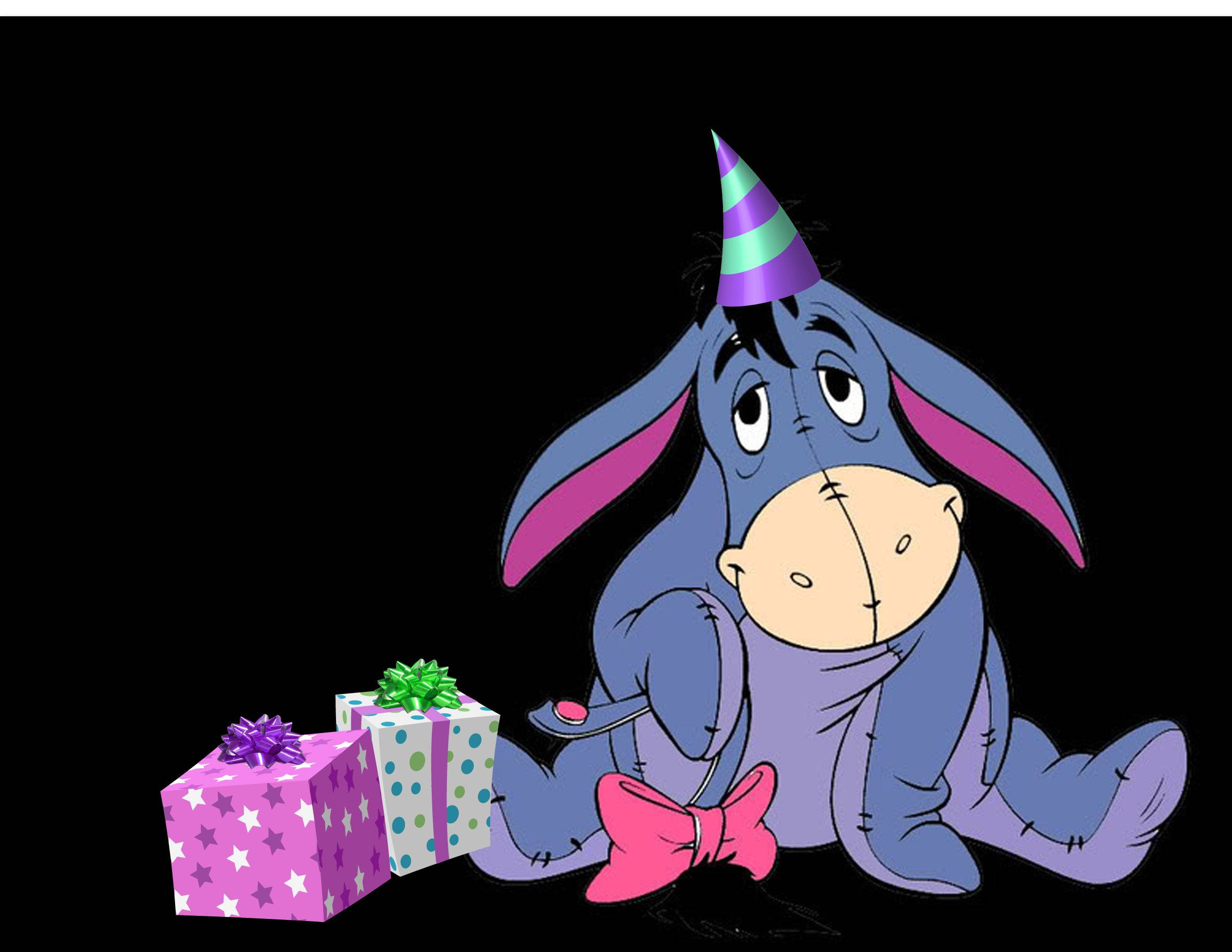 Eeyore, purple and green party hat, colorful gift boxes, Full HD Desktop Wallpaper