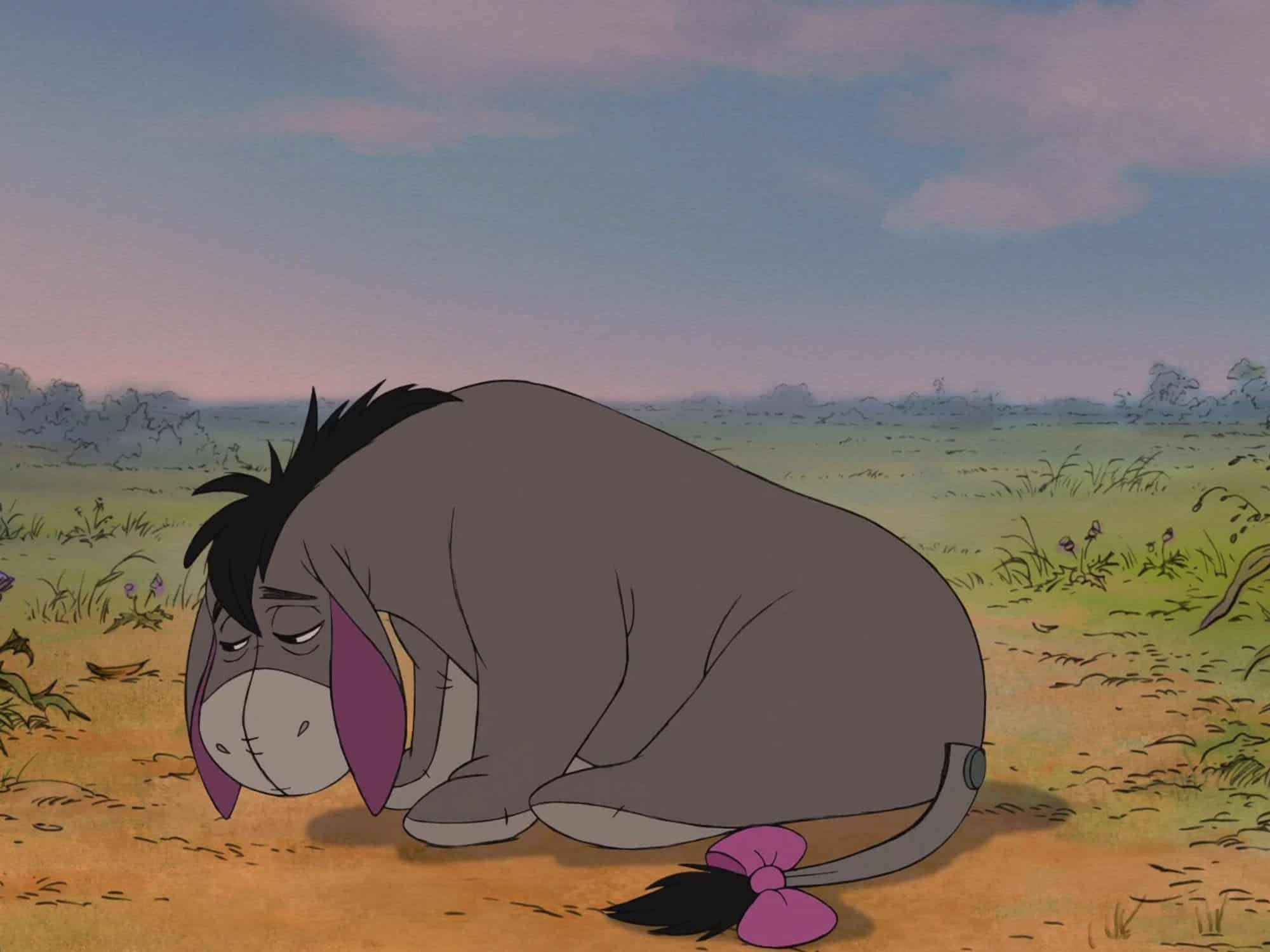 Eeyore, pink ribbon, grassy field, Full HD Desktop Wallpaper